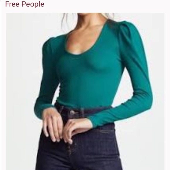 Free People Hey Lady Ribbed Teal Puffy Sleeve Long Sleeve Top *. Cowgirl country - Picture 2 of 10